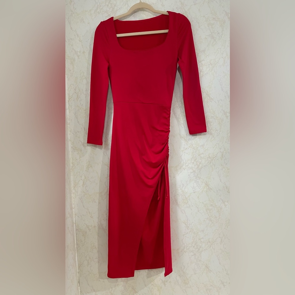 SHEIN Red Ruched Long Sleeve With Slit Dress